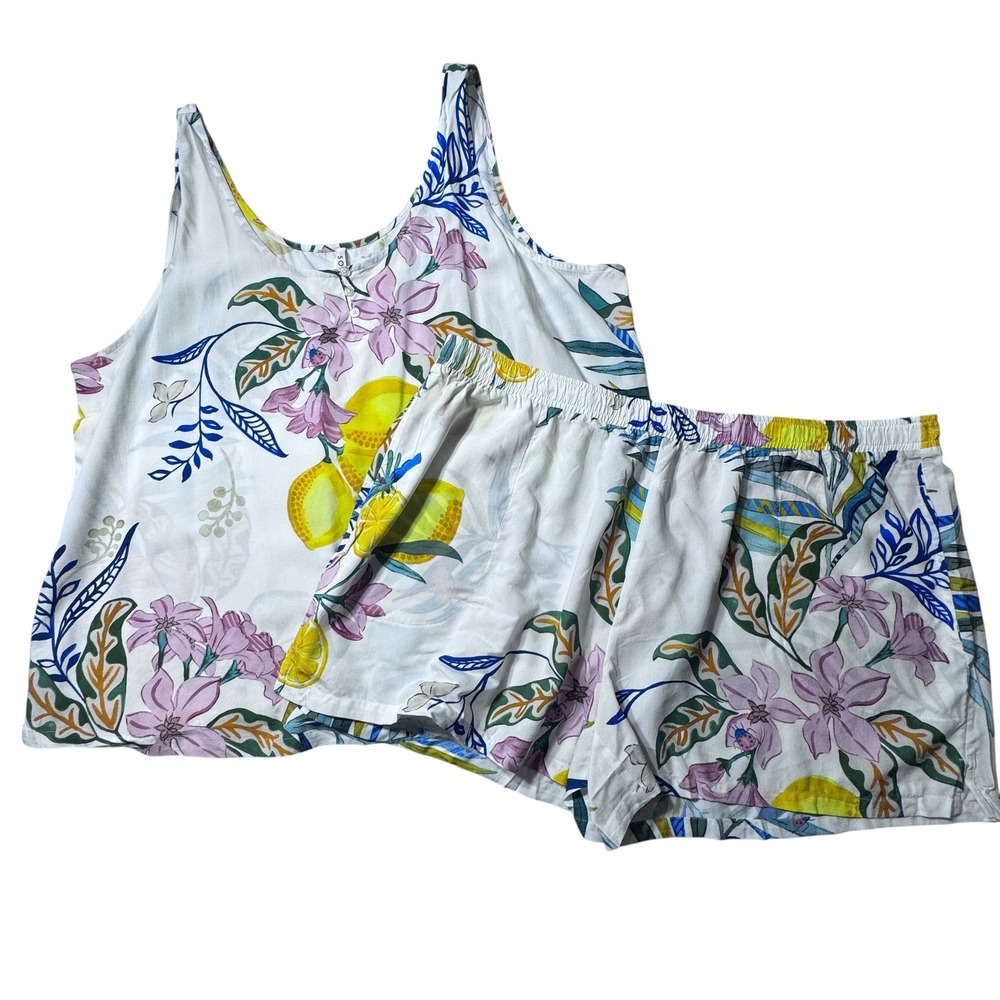 Soma Pajama Set Womens XXL Ivory Lemon Squeeze Rayon Challis Tank Short Tropical